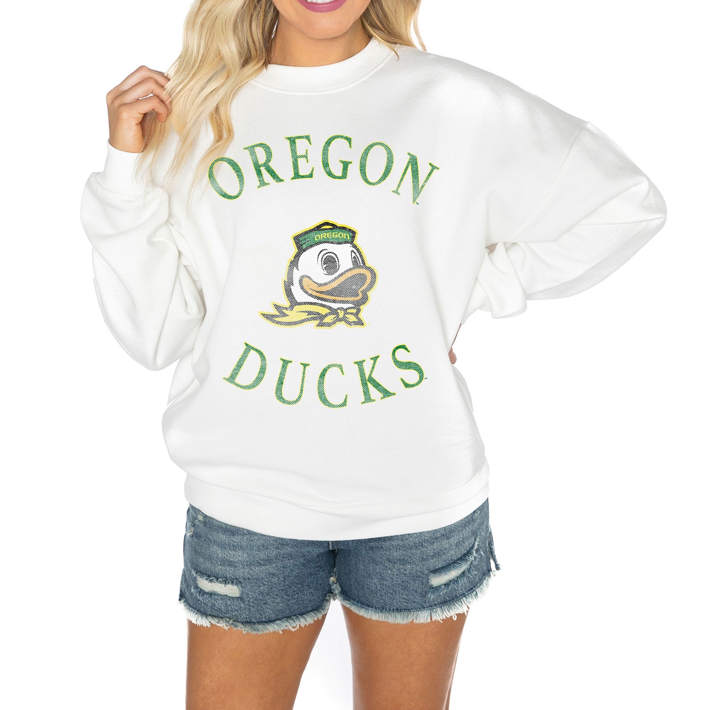 Women's Gameday Couture White Oregon Ducks Good Vibes Premium Fleece Drop Shoulder Pullover Sweatshirt
