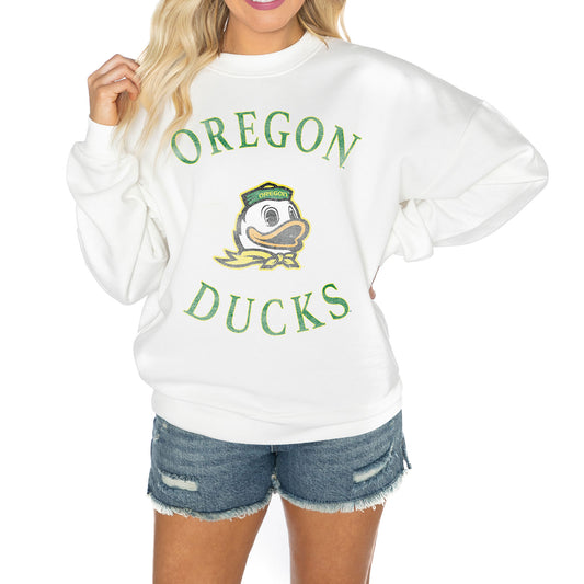 Women's Gameday Couture White Oregon Ducks Good Vibes Premium Fleece Drop Shoulder Pullover Sweatshirt