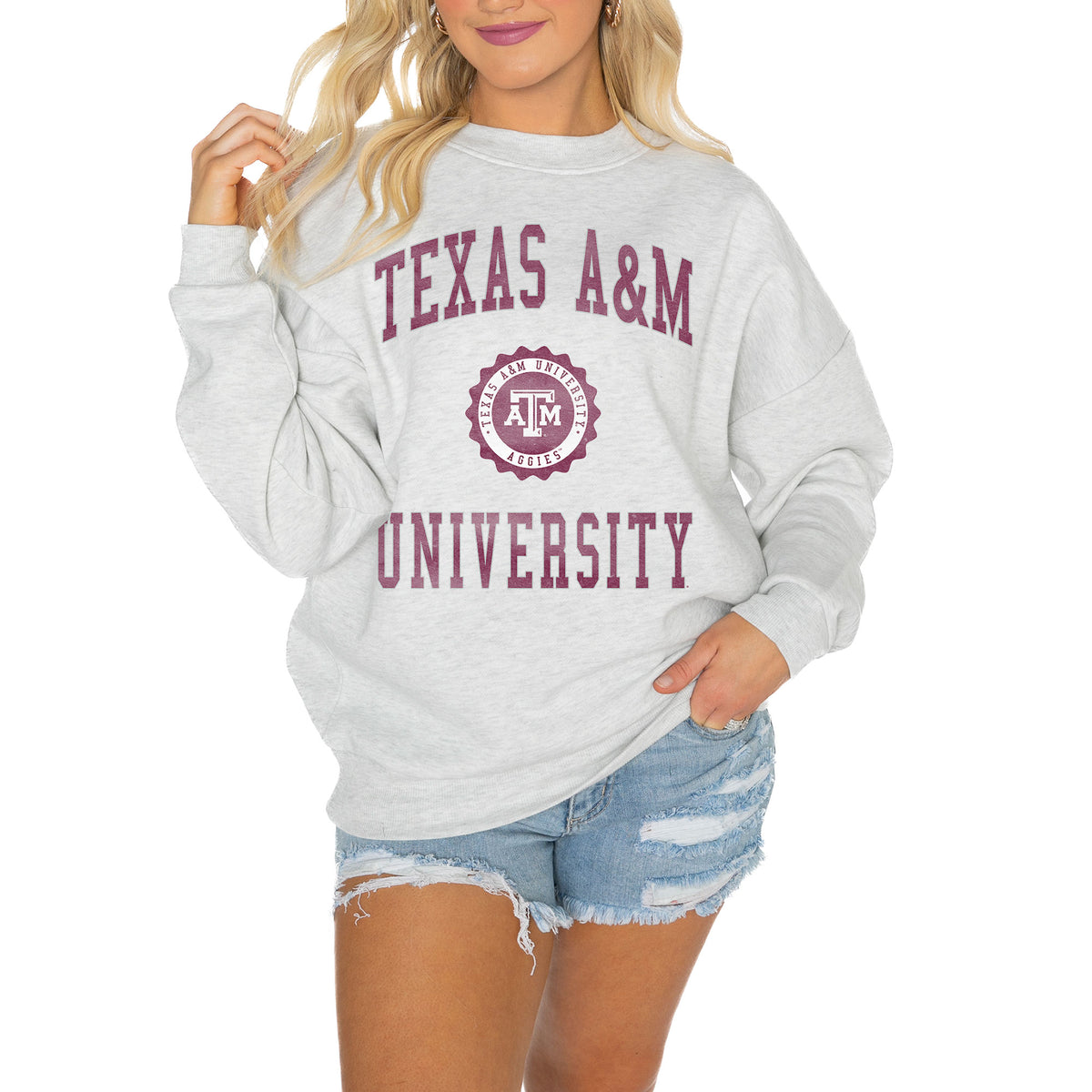 Women's Gameday Couture Steel Texas A&M Aggies Good Vibes Premium Fleece Drop Shoulder Pullover Sweatshirt