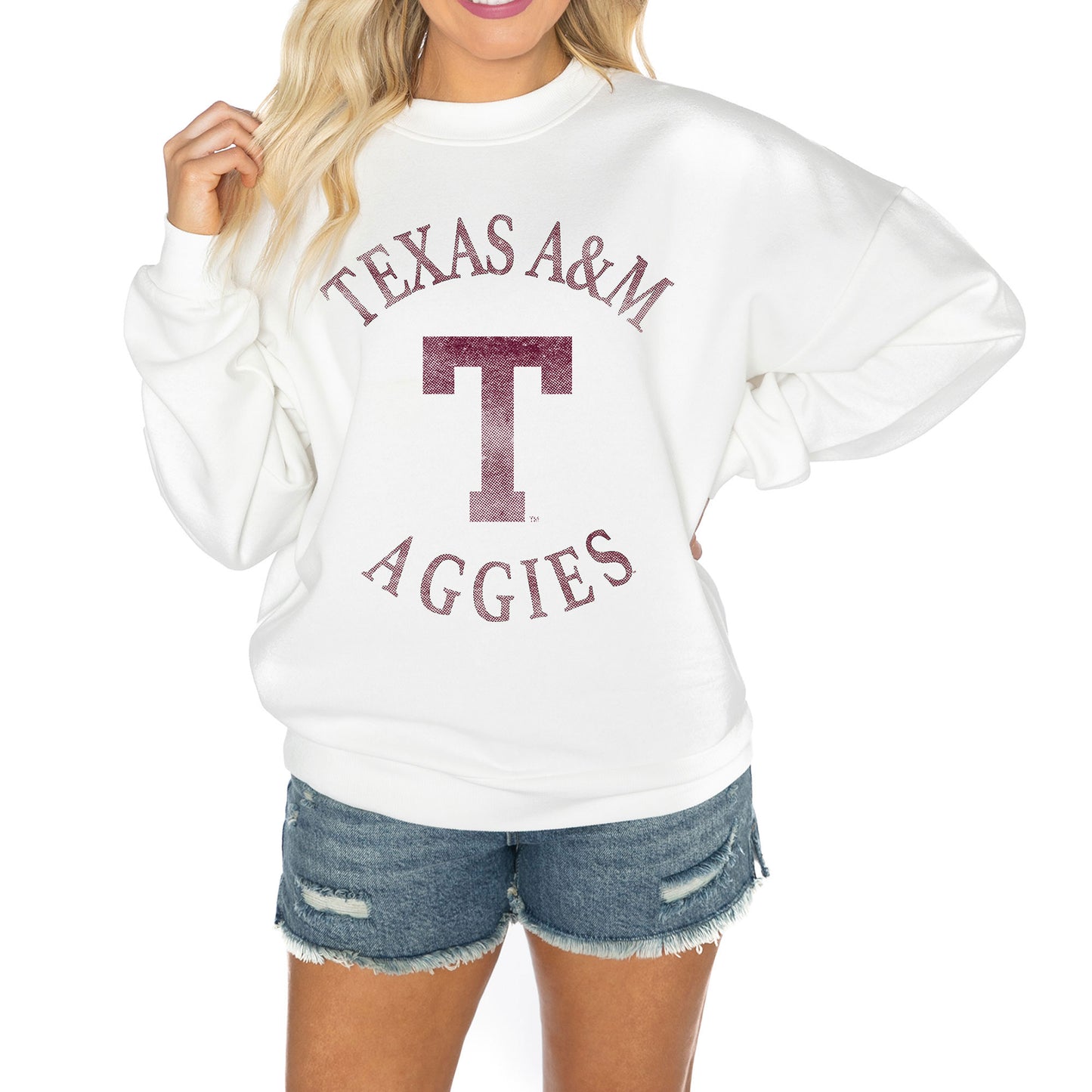 Women's Gameday Couture White Texas A&M Aggies Good Vibes Premium Fleece Drop Shoulder Pullover Sweatshirt