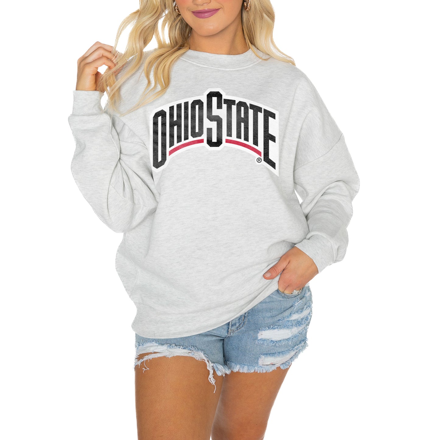 Women's Gameday Couture Steel Ohio State Buckeyes Good Vibes Premium Fleece Drop Shoulder Pullover Sweatshirt