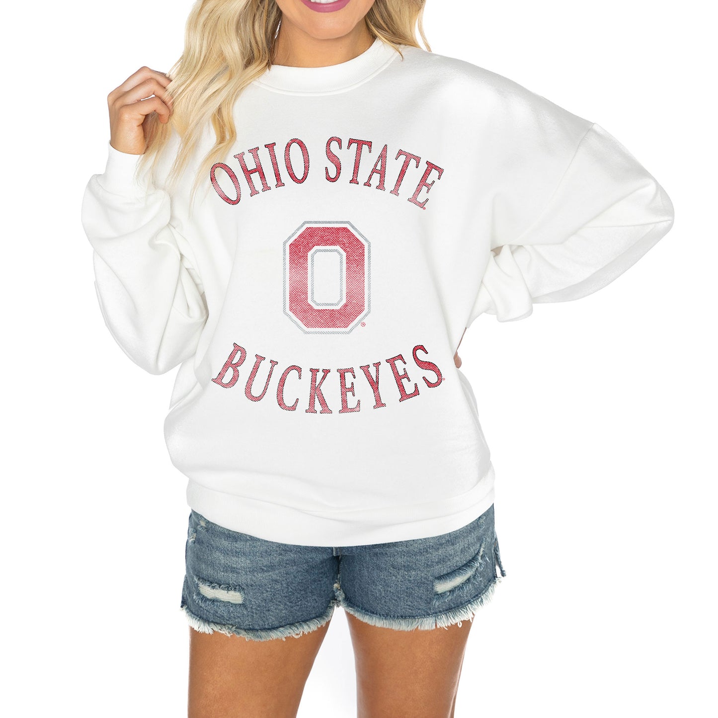 Women's Gameday Couture White Ohio State Buckeyes Good Vibes Premium Fleece Drop Shoulder Pullover Sweatshirt