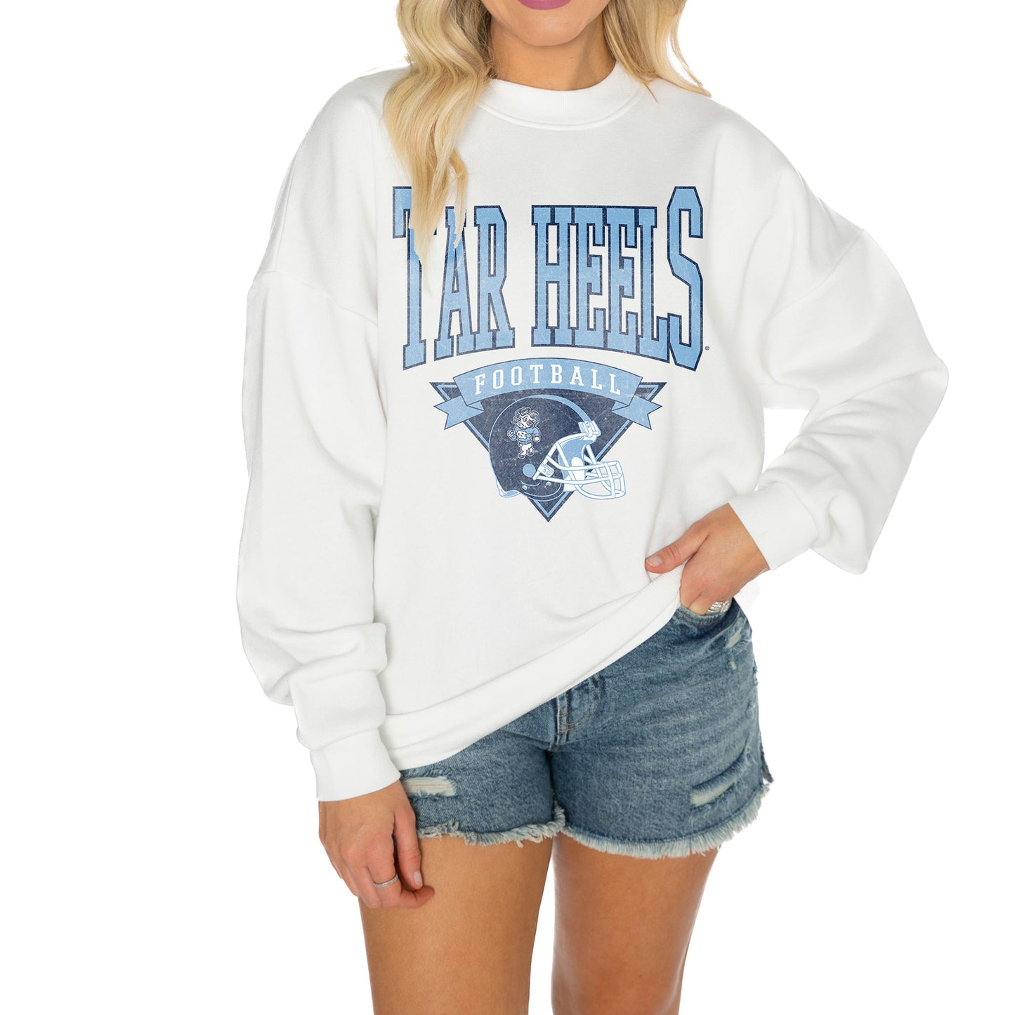 Women's Gameday Couture White North Carolina Tar Heels Good Vibes Premium Fleece Drop Shoulder Pullover Sweatshirt