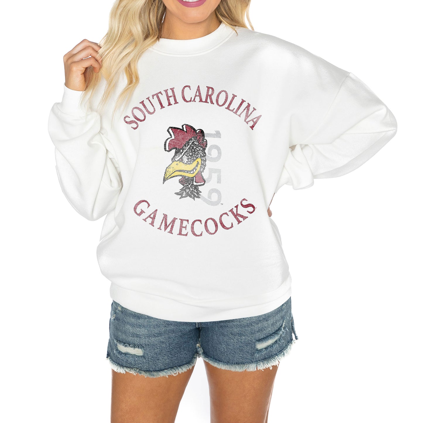 Women's Gameday Couture White South Carolina Gamecocks Good Vibes Premium Fleece Drop Shoulder Pullover Sweatshirt