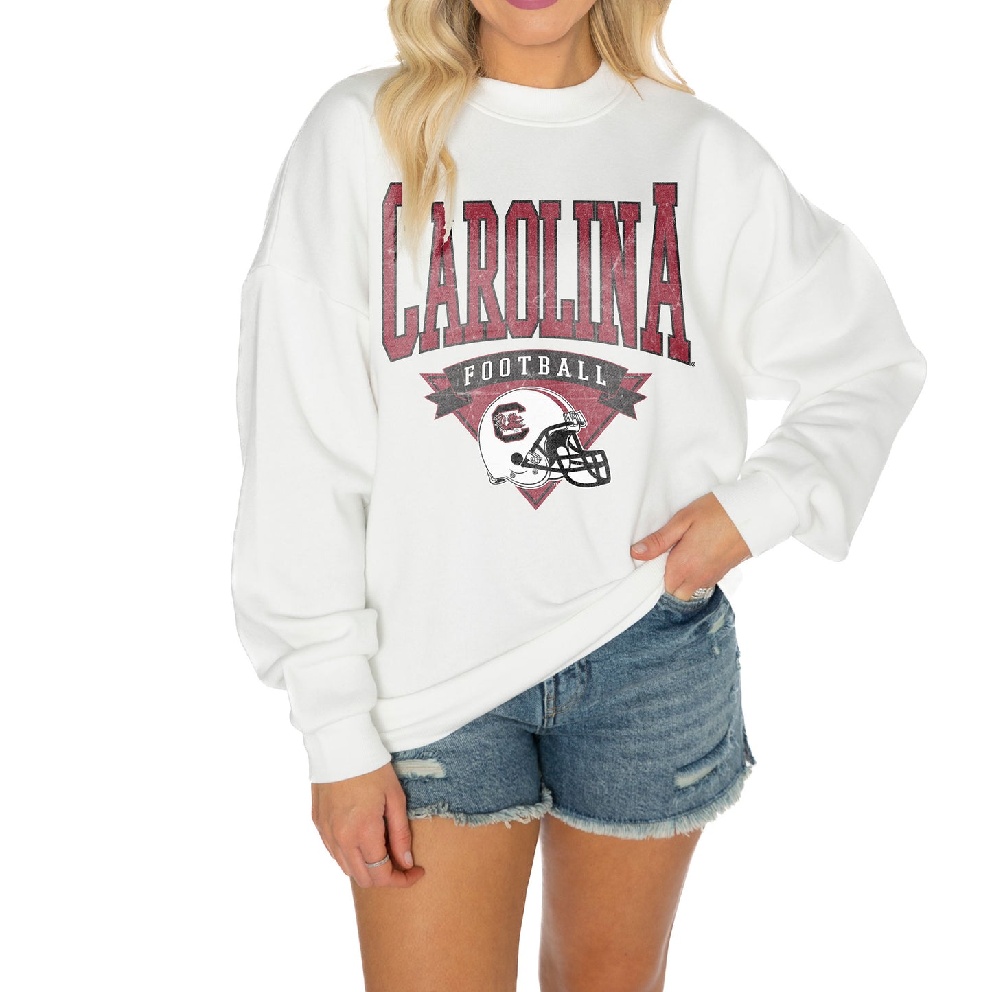 Women's Gameday Couture White South Carolina Gamecocks Good Vibes Premium Fleece Drop Shoulder Pullover Sweatshirt