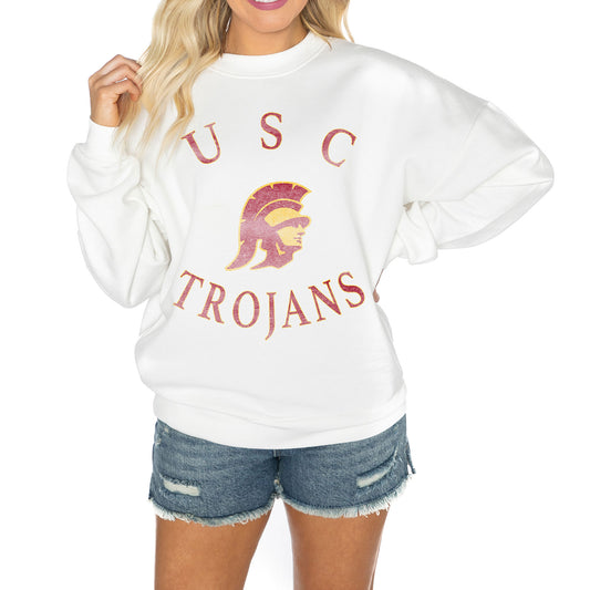 Women's Gameday Couture White USC Trojans Good Vibes Premium Fleece Drop Shoulder Pullover Sweatshirt