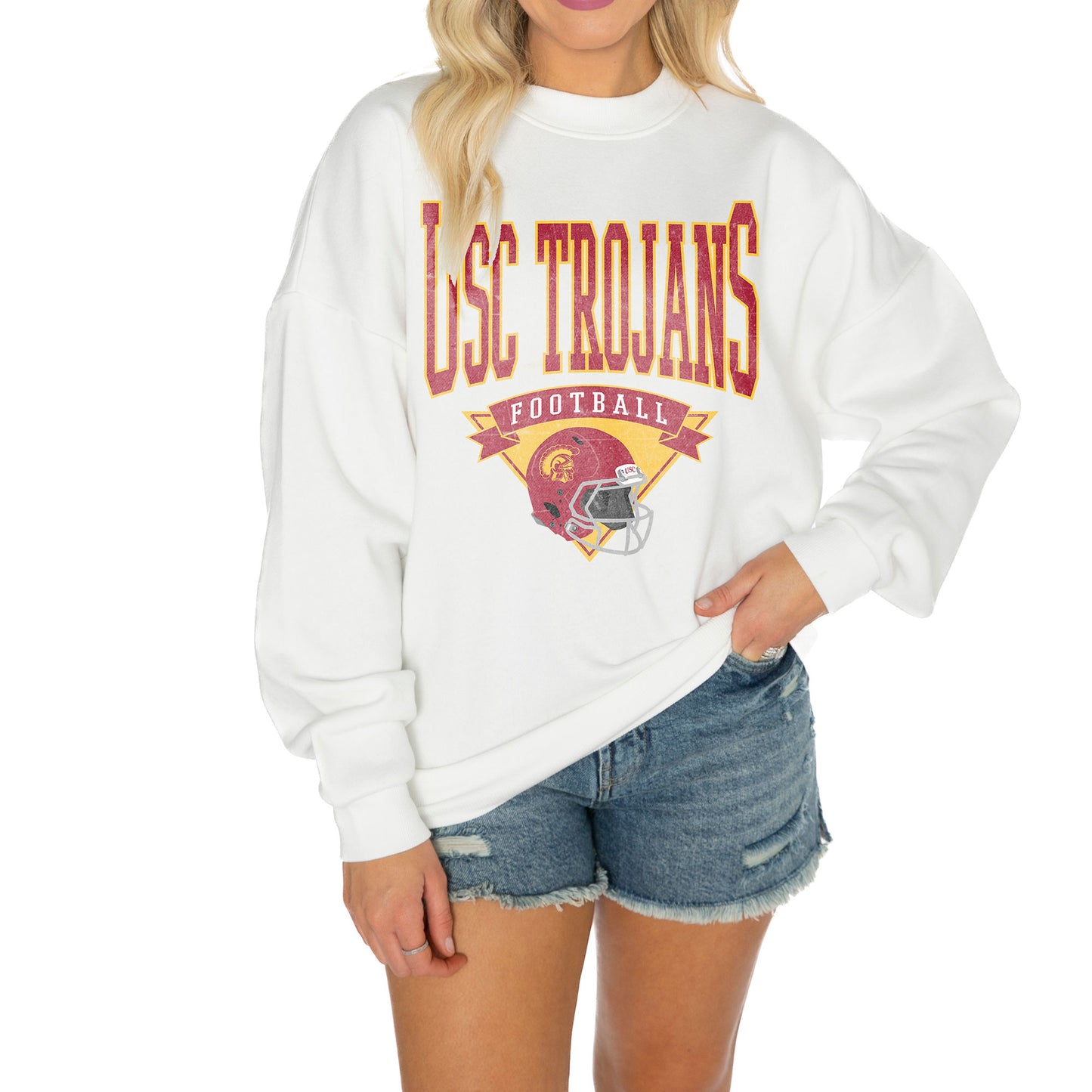 Women's Gameday Couture White USC Trojans Good Vibes Premium Fleece Drop Shoulder Pullover Sweatshirt