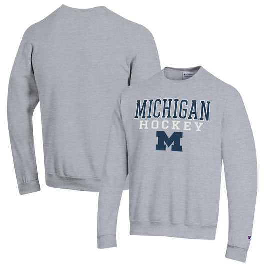 Men's Champion Heather Gray Michigan Wolverines Stack Logo Hockey Powerblend Pullover Sweatshirt