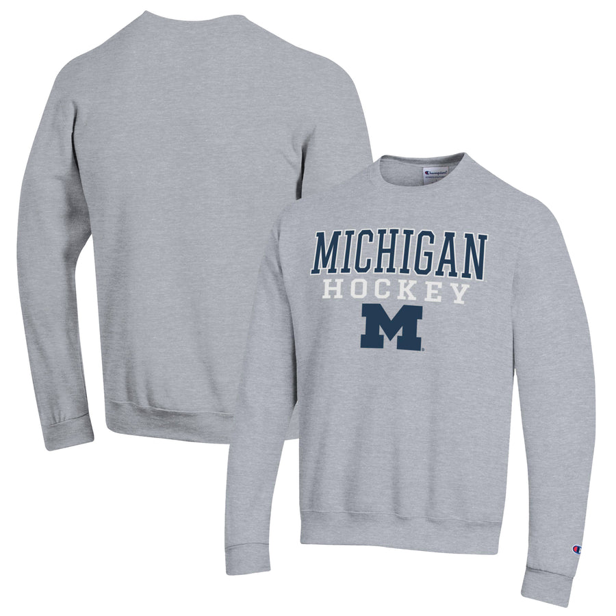 Men's Champion Heather Gray Michigan Wolverines Stack Logo Hockey Powerblend Pullover Sweatshirt