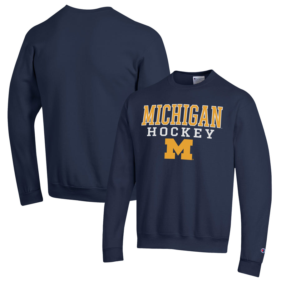 Men's Champion Navy Michigan Wolverines Stack Logo Hockey Powerblend Pullover Sweatshirt