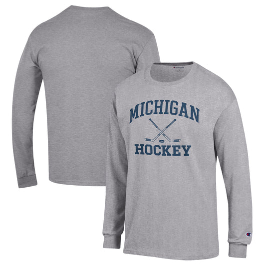 Men's Champion Heather Gray Michigan Wolverines Hockey Icon Powerblend Long Sleeve T-Shirt