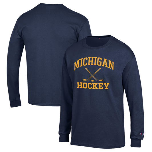 Men's Champion Navy Michigan Wolverines Hockey Icon Powerblend Long Sleeve T-Shirt