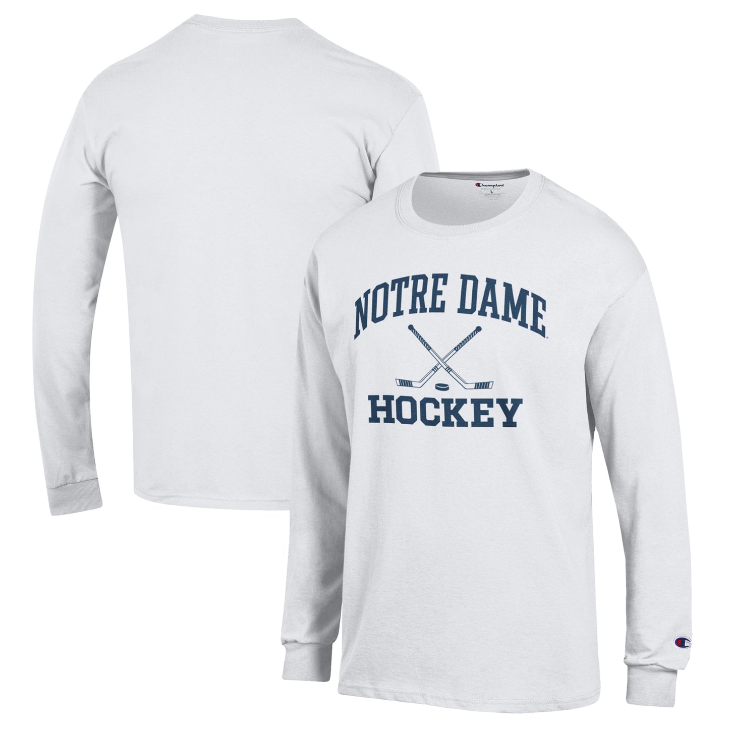 Men's Champion White Notre Dame Fighting Irish Hockey Icon Powerblend Long Sleeve T-Shirt