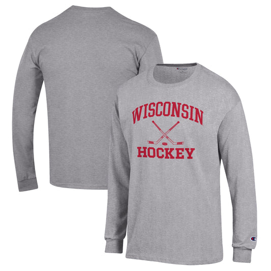 Men's Champion Heather Gray Wisconsin Badgers Hockey Icon Powerblend Long Sleeve T-Shirt