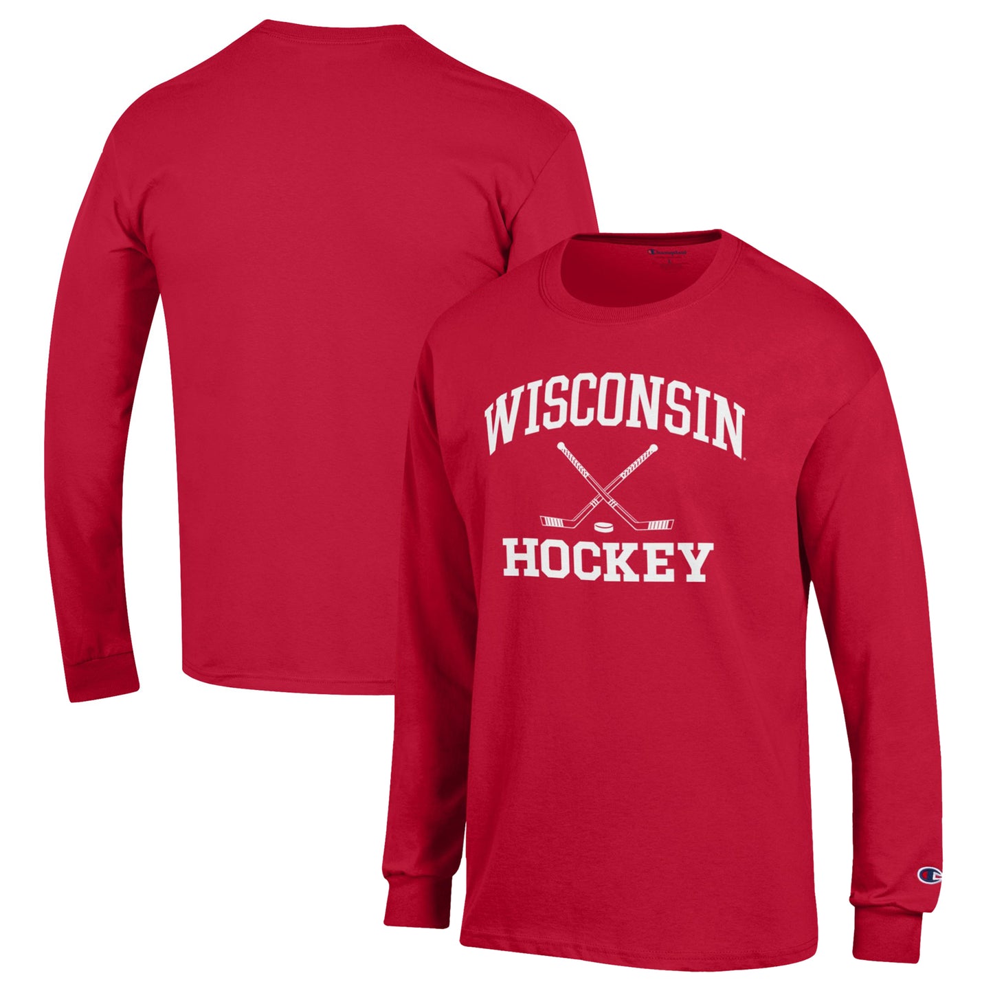 Men's Champion Red Wisconsin Badgers Hockey Icon Powerblend Long Sleeve T-Shirt