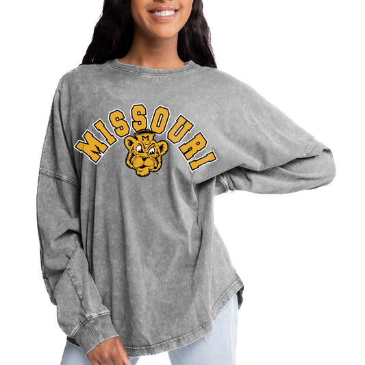 Women's Gameday Couture Gray Missouri Tigers Faded Wash Pullover Sweatshirt