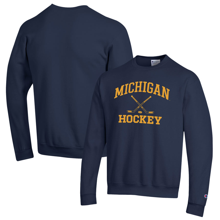 Men's Champion Navy Michigan Wolverines Hockey Icon Powerblend Pullover Sweatshirt