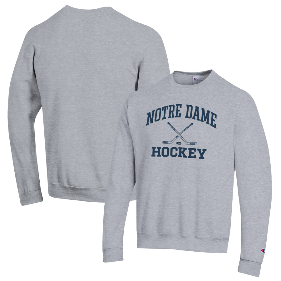 Men's Champion Heather Gray Notre Dame Fighting Irish Hockey Icon Powerblend Pullover Sweatshirt