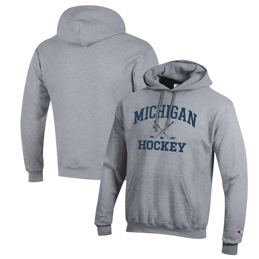 Men's Champion Heather Gray Michigan Wolverines Hockey Icon Powerblend Pullover Hoodie