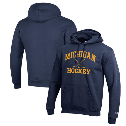 Men's Champion Navy Michigan Wolverines Hockey Icon Powerblend Pullover Hoodie