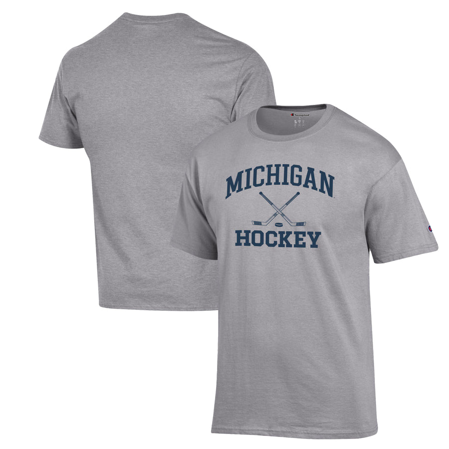 Men's Champion Heather Gray Michigan Wolverines Hockey Icon Powerblend T-Shirt