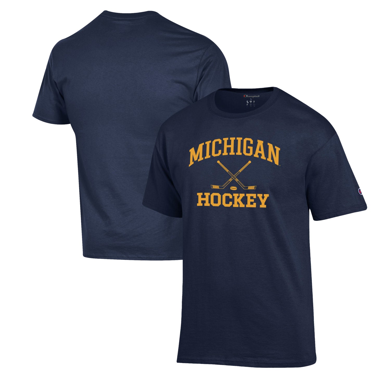 Men's Champion Navy Michigan Wolverines Hockey Icon Powerblend T-Shirt