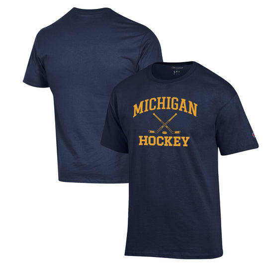 Men's Champion Navy Michigan Wolverines Hockey Icon Powerblend T-Shirt