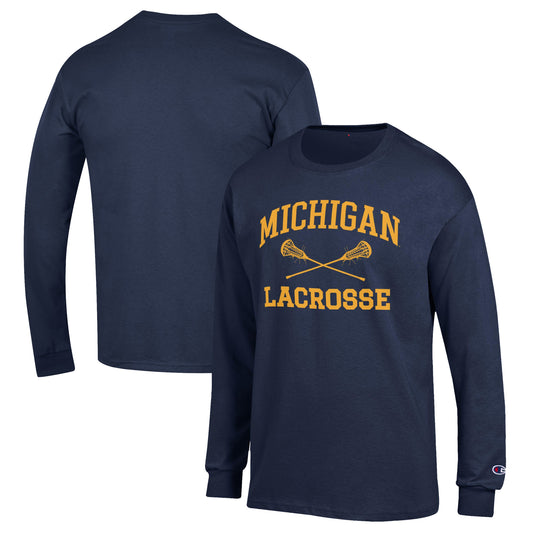 Men's Champion Navy Michigan Wolverines Lacrosse Icon Powerblend Long Sleeve T-Shirt