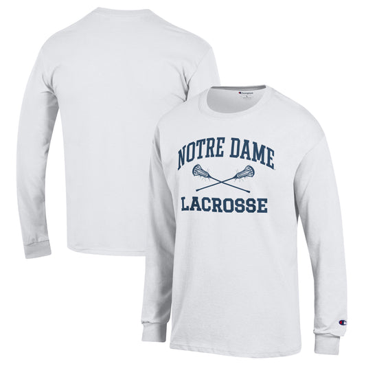 Men's Champion White Notre Dame Fighting Irish Lacrosse Icon Powerblend Long Sleeve T-Shirt