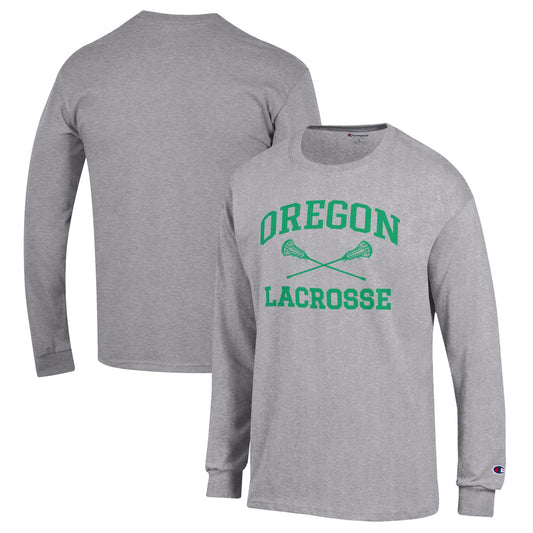 Men's Champion Heather Gray Oregon Ducks Lacrosse Icon Powerblend Long Sleeve T-Shirt