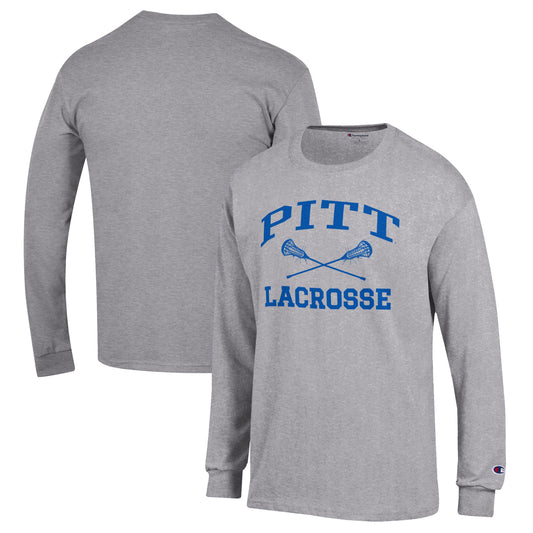 Men's Champion Heather Gray Pitt Panthers Lacrosse Icon Powerblend Long Sleeve T-Shirt