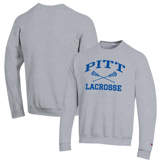 Men's Champion Heather Gray Pitt Panthers Lacrosse Icon Powerblend Pullover Sweatshirt