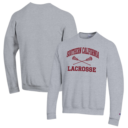 Men's Champion Heather Gray USC Trojans Lacrosse Icon Powerblend Pullover Sweatshirt