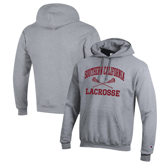 Men's Champion Heather Gray USC Trojans Lacrosse Icon Powerblend Pullover Hoodie