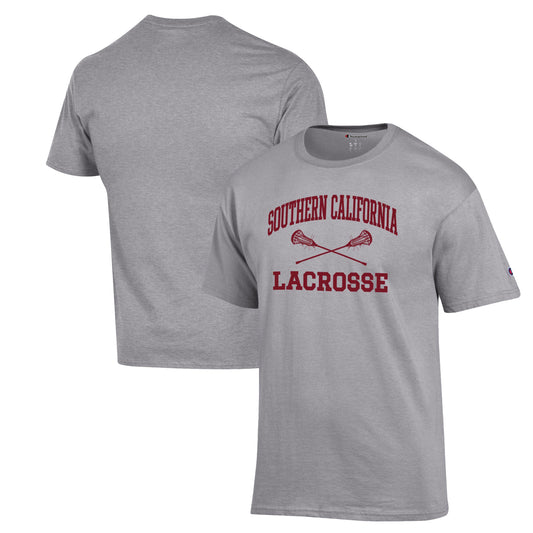 Men's Champion Heather Gray USC Trojans Lacrosse Icon Powerblend T-Shirt