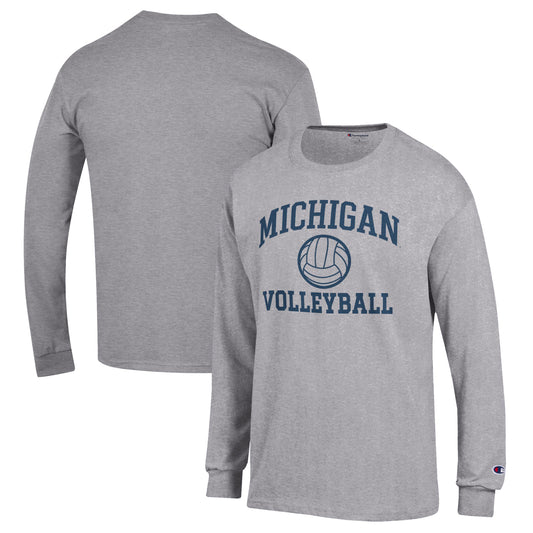 Men's Champion Heather Gray Michigan Wolverines Volleyball Icon Powerblend Long Sleeve T-Shirt