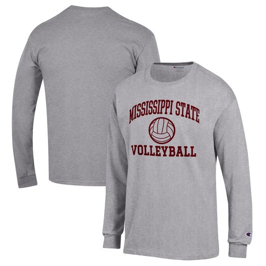 Men's Champion Heather Gray Mississippi State Bulldogs Volleyball Icon Powerblend Long Sleeve T-Shirt