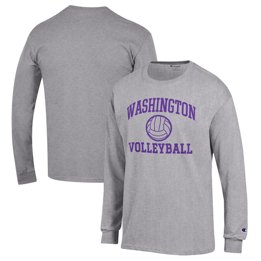 Men's Champion Heather Gray Washington Huskies Volleyball Icon Powerblend Long Sleeve T-Shirt