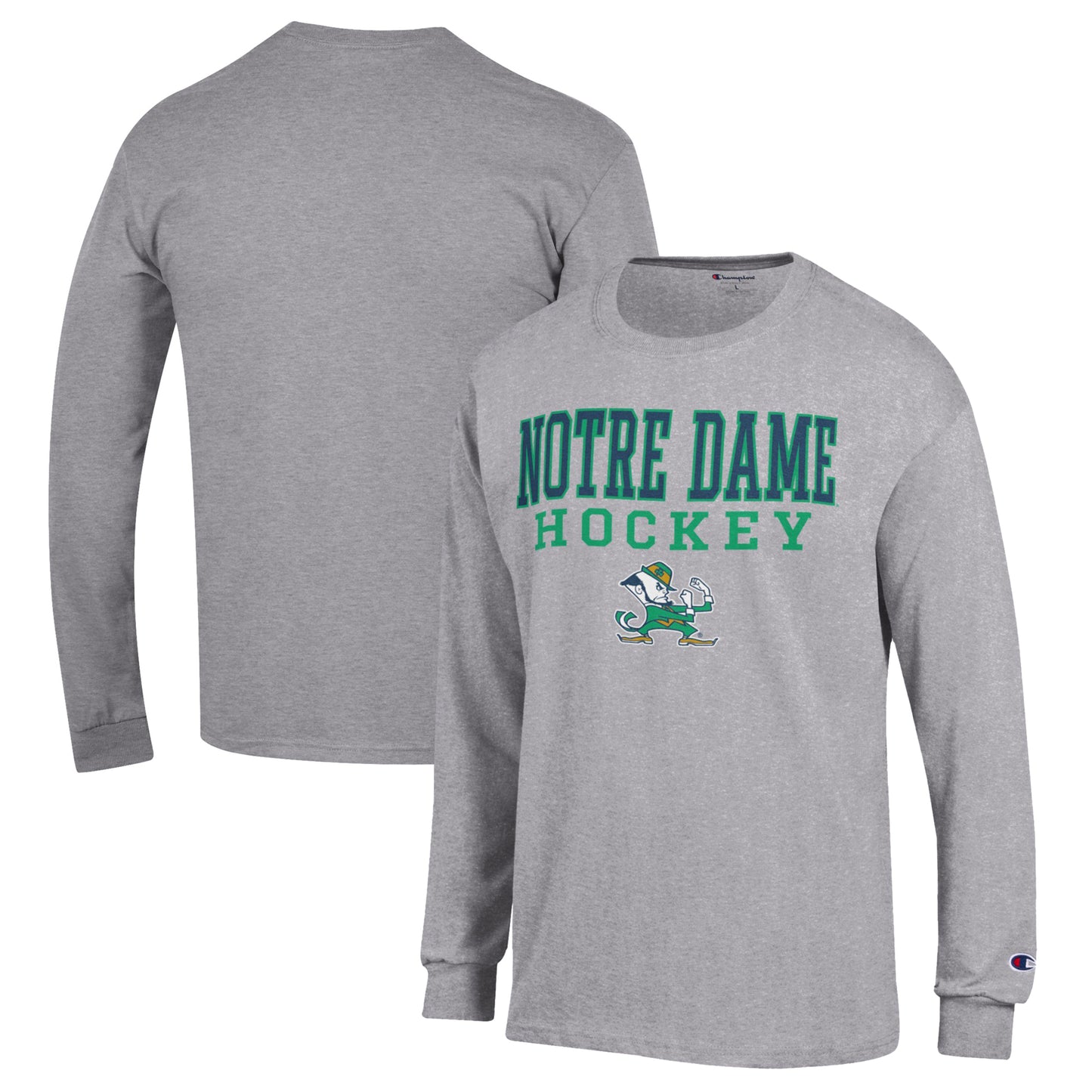 Men's Champion Heather Gray Notre Dame Fighting Irish Stack Logo Hockey Powerblend Long Sleeve T-Shirt