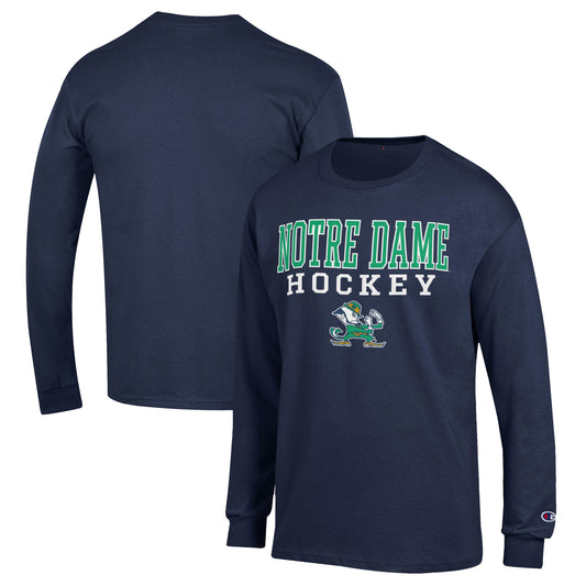 Men's Champion Navy Notre Dame Fighting Irish Stack Logo Hockey Powerblend Long Sleeve T-Shirt