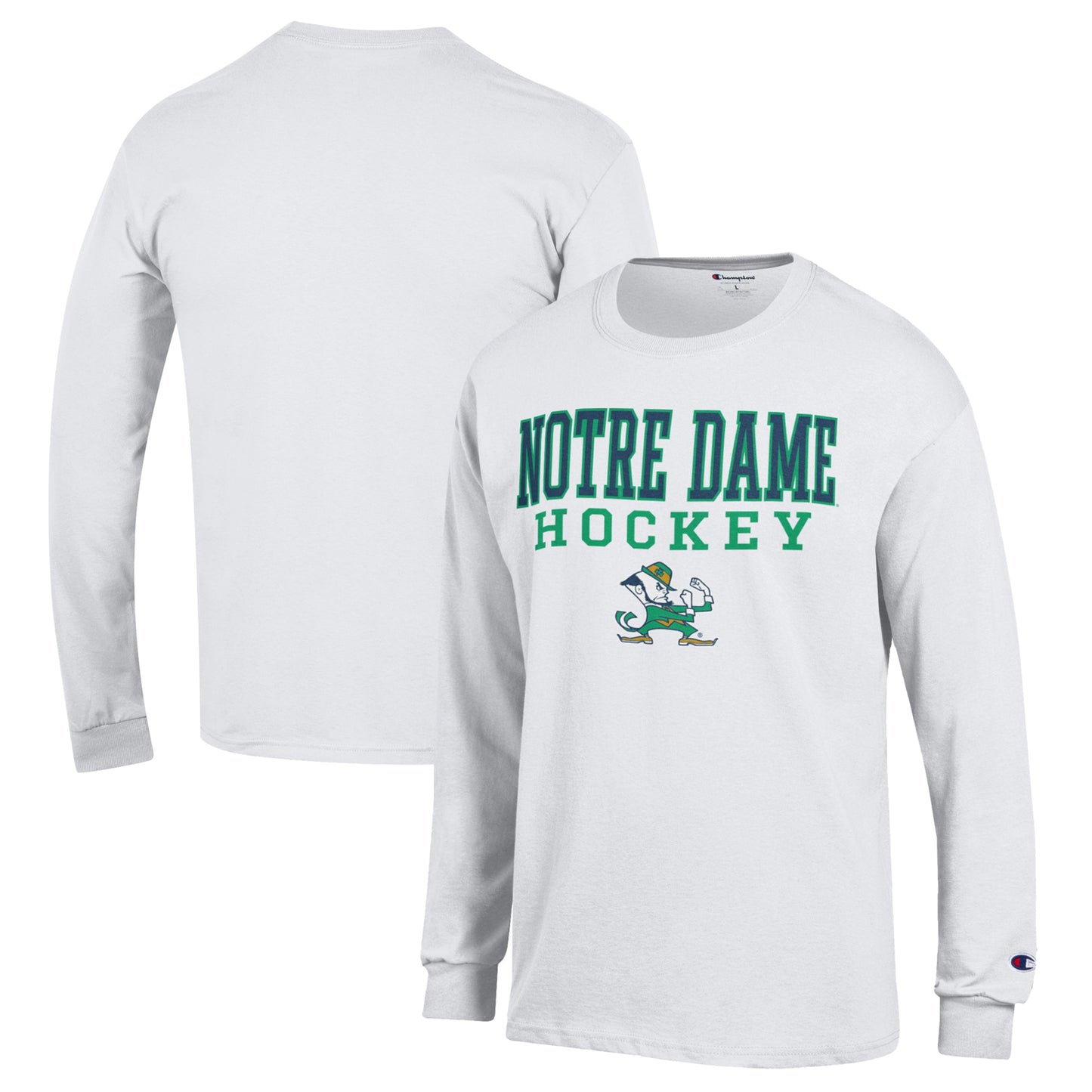 Men's Champion White Notre Dame Fighting Irish Stack Logo Hockey Powerblend Long Sleeve T-Shirt