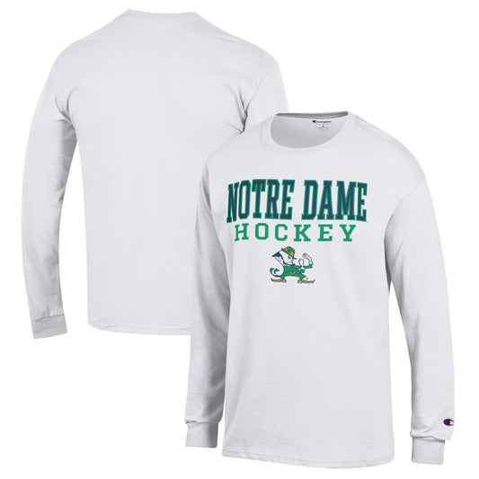 Men's Champion White Notre Dame Fighting Irish Stack Logo Hockey Powerblend Long Sleeve T-Shirt