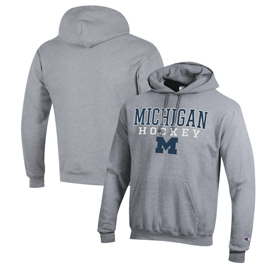 Men's Champion Heather Gray Michigan Wolverines Stack Logo Hockey Powerblend Pullover Hoodie