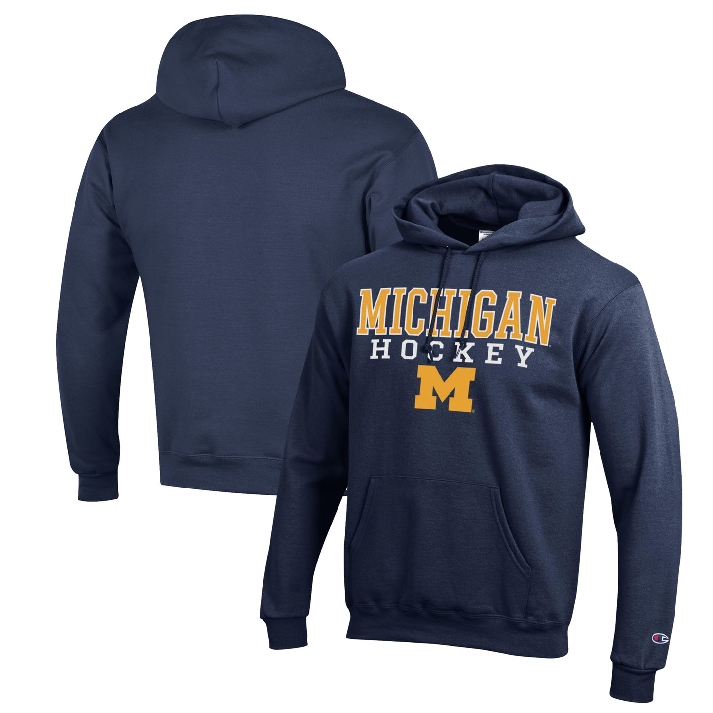 Men's Champion Navy Michigan Wolverines Stack Logo Hockey Powerblend Pullover Hoodie