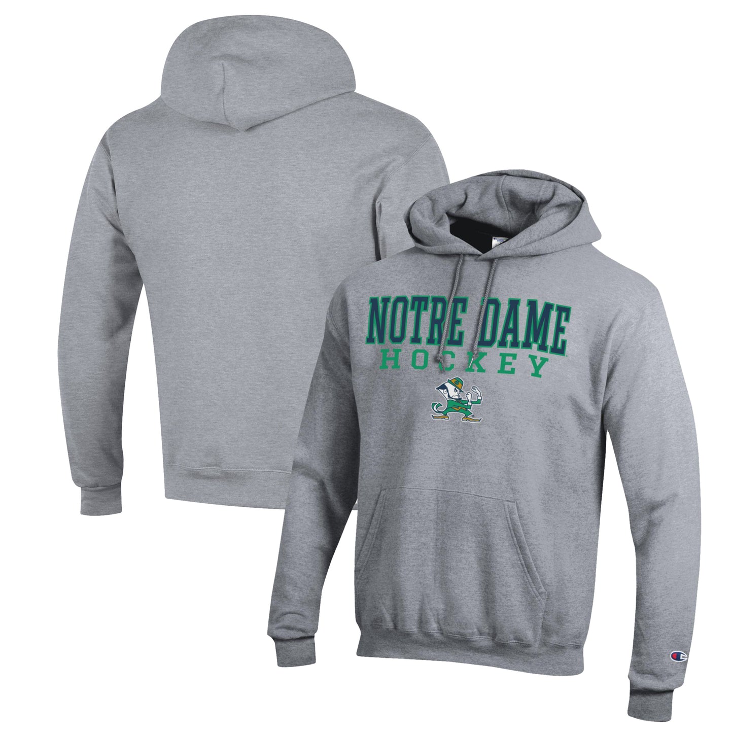 Men's Champion Heather Gray Notre Dame Fighting Irish Stack Logo Hockey Powerblend Pullover Hoodie