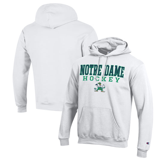 Men's Champion White Notre Dame Fighting Irish Stack Logo Hockey Powerblend Pullover Hoodie