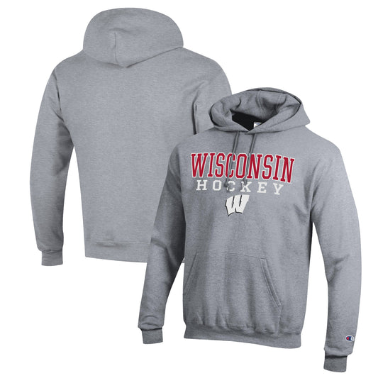 Men's Champion Heather Gray Wisconsin Badgers Stack Logo Hockey Powerblend Pullover Hoodie