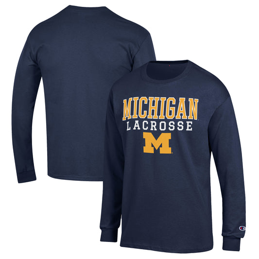 Men's Champion Navy Michigan Wolverines Stack Logo Lacrosse Powerblend Long Sleeve T-Shirt