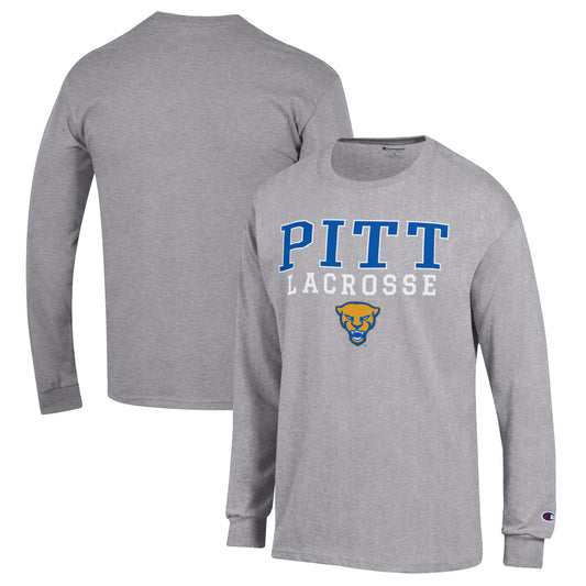 Men's Champion Heather Gray Pitt Panthers Stack Logo Lacrosse Powerblend Long Sleeve T-Shirt