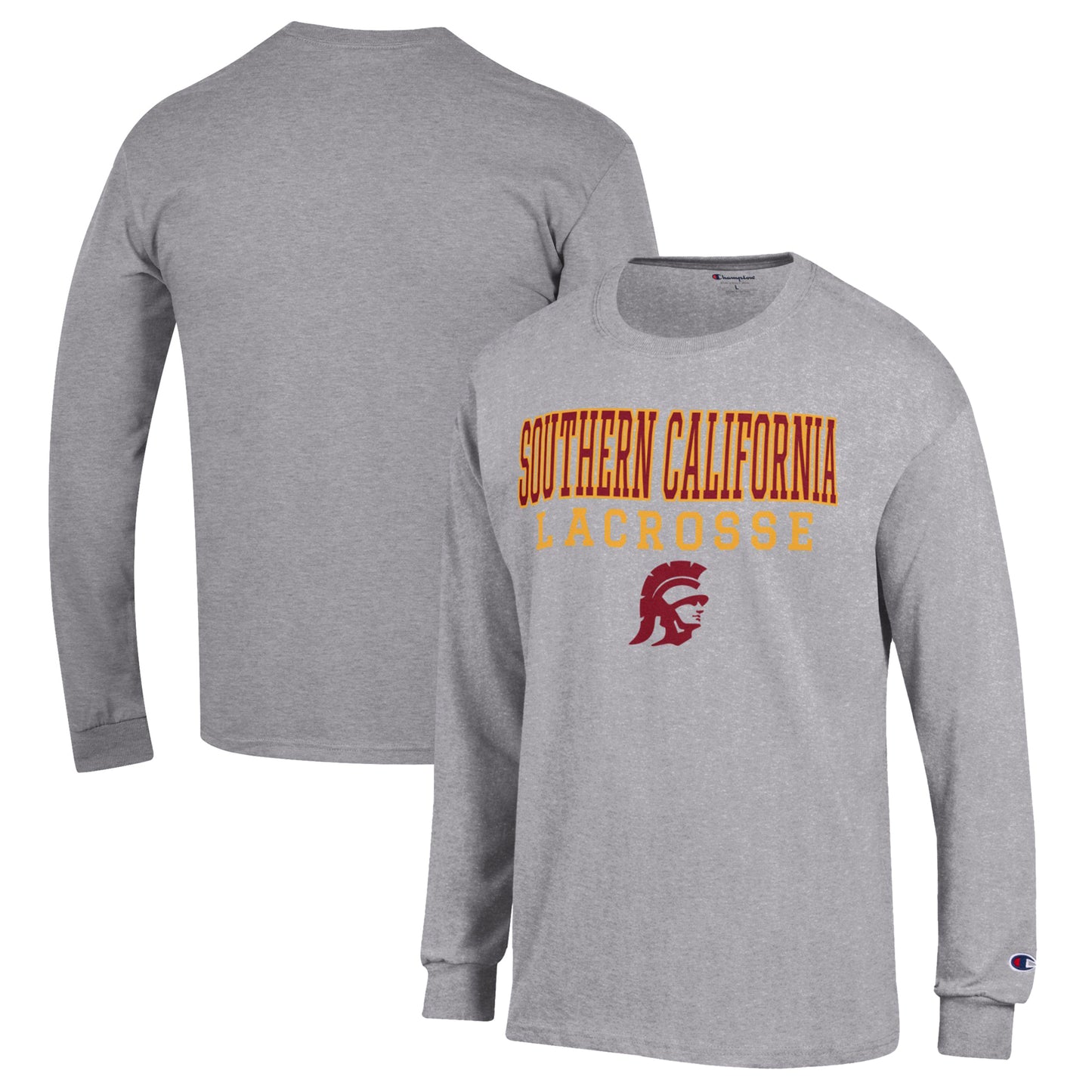 Men's Champion Heather Gray USC Trojans Stack Logo Lacrosse Powerblend Long Sleeve T-Shirt